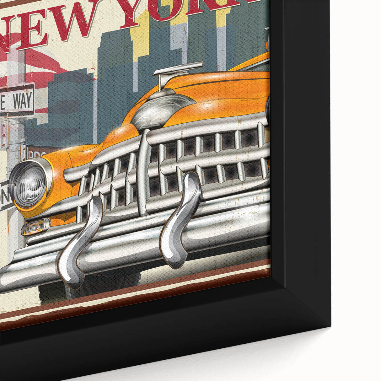 Extra large framed canvas featuring a close-up of a black vintage taxi with vibrant, textured color details.