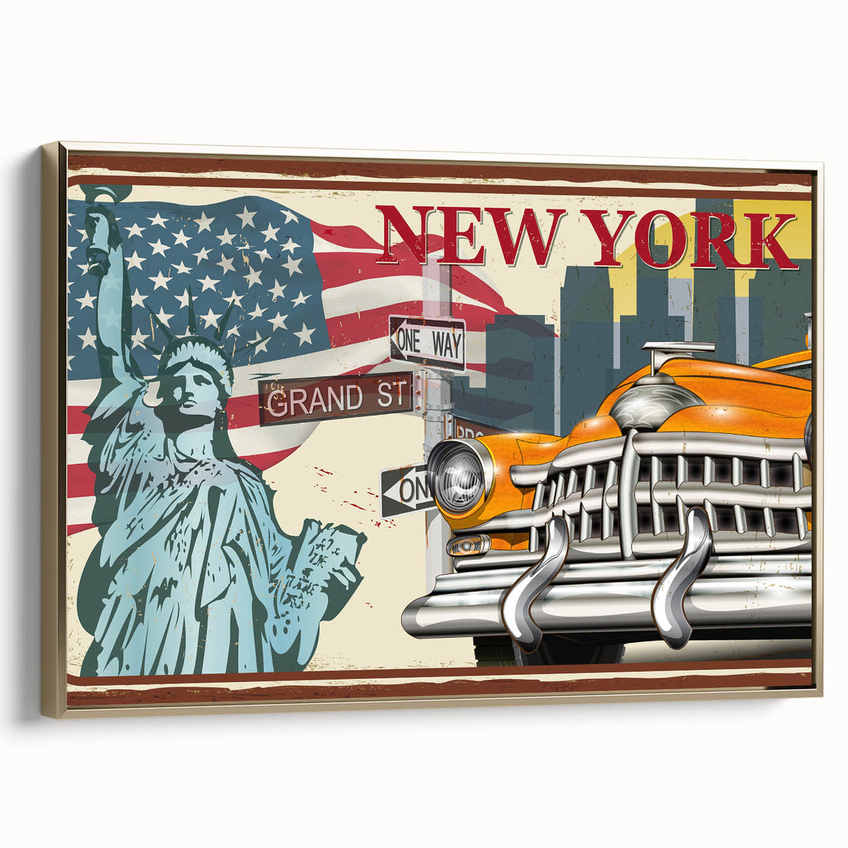 Framed canvas featuring a side view of a vintage gold taxi, ideal for bedroom wall decor, in muted black and gold tones.