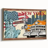 Framed canvas featuring a side view of a vintage gold taxi, ideal for bedroom wall decor, in muted black and gold tones.