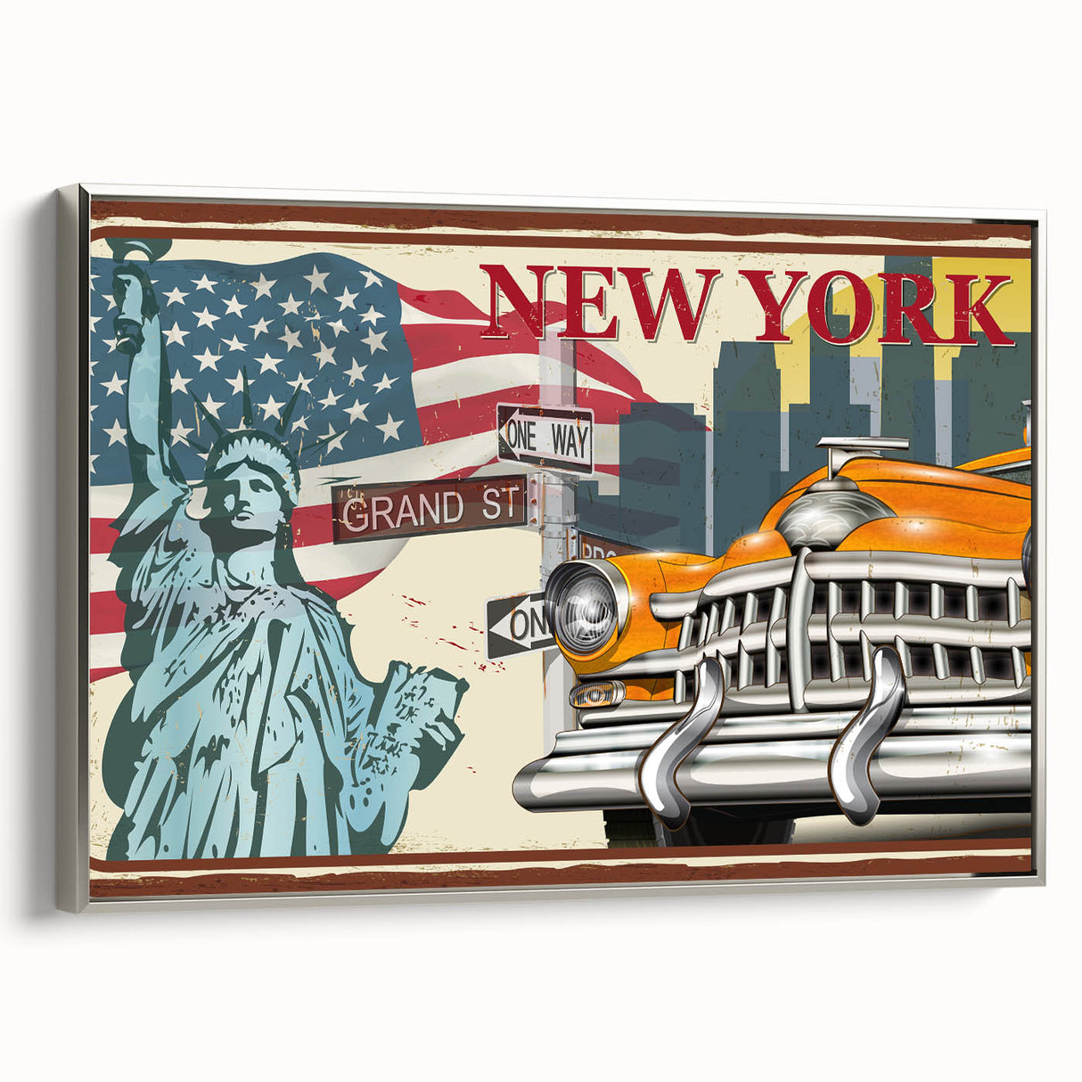 Framed canvas featuring a side view of a vintage taxi in black, set against a colorful cityscape background.