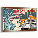 Framed canvas featuring a side view of a vintage taxi in black, set against a colorful cityscape background.