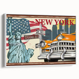 Extra large framed canvas featuring a vintage poster art of colorful, stylized taxis on a black background.