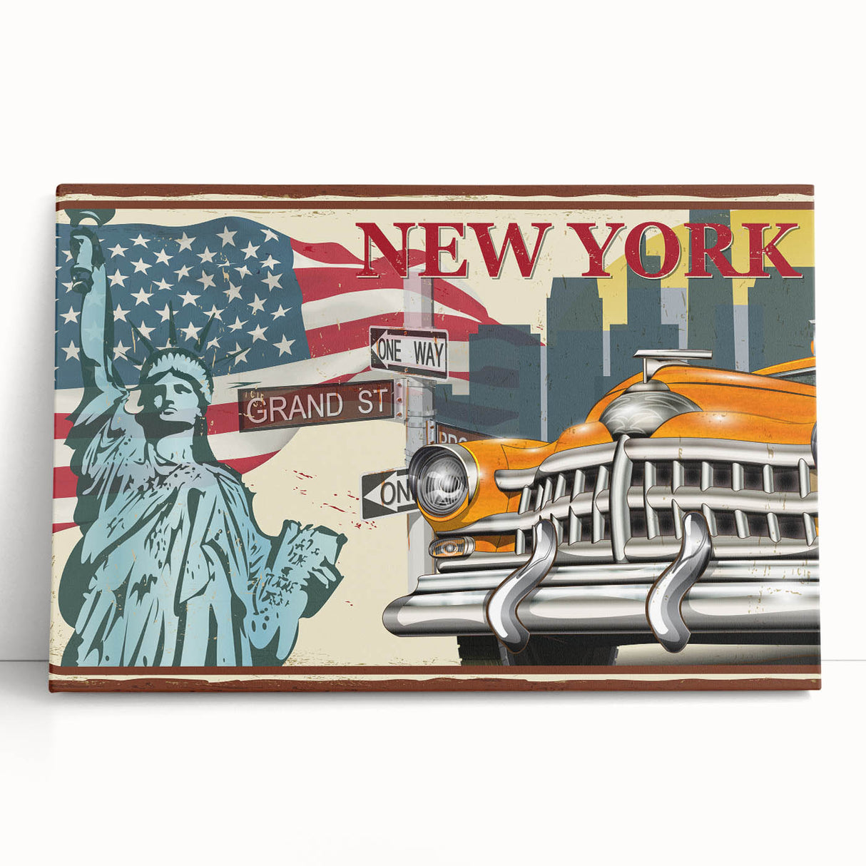 Black and white stretched canvas featuring a vintage taxi design, ideal for kitchen wall art.