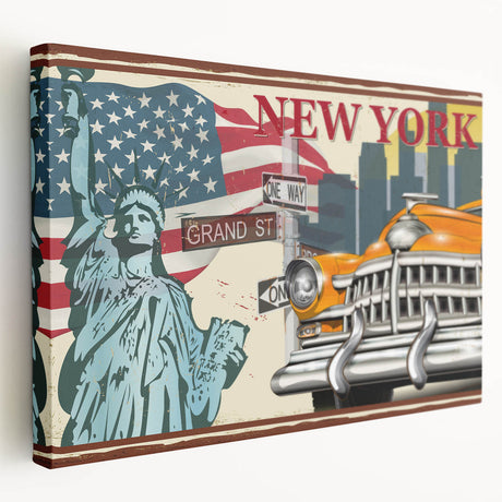 Side view of a vintage taxi in muted yellow and black on a stretched canvas, suitable for kitchen wall art.