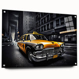 Acrylic print of a side-view taxi in yellow and black, suitable for modern dining room decor.