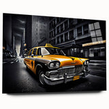 Acrylic print of a stylized taxi in yellow and black, ideal for bedroom or dining room art.