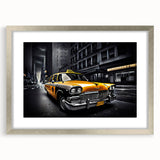Abstract textured art print of a stylized taxi in yellow and black, framed in silver, suitable for bedroom decor.