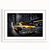 Abstract art print of a stylized taxi in yellow and black on a white framed canvas, suitable for dining room decor.