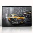Large abstract wall art featuring a stylized black taxi on acrylic, with mid-century modernist influences.
