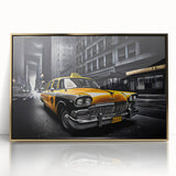 Mid-century modernist art of a vintage taxi in muted yellow and black on a framed acrylic print.