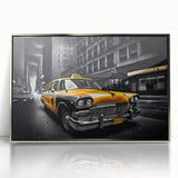 Mid-century modernist art featuring a silver taxi, acrylic print in vibrant colors, ideal for nursery wall art.