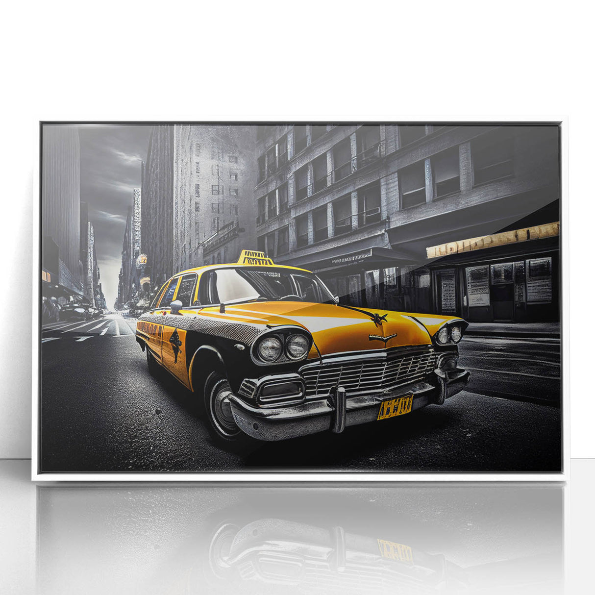 Art deco poster of a vintage taxi in black and yellow on a white acrylic frame, ideal for nursery wall art.