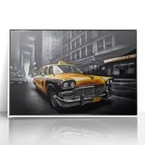 Art deco poster of a vintage taxi in black and yellow on a white acrylic frame, ideal for nursery wall art.