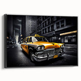 Black and white vintage poster art of a classic car, printed on framed canvas, suitable for bedroom decor.