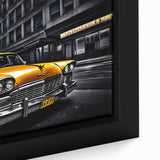 Extra large framed canvas featuring a close-up view of a black vintage taxi, accented with colorful, textured details.