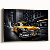 Vintage poster art of a classic car in black and gold tones on a framed canvas, ideal for bedroom wall decor.