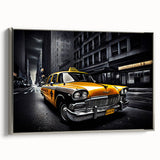 Vintage poster-style landscape art of a colorful taxi, framed canvas in black and silver, ideal for living room decor.
