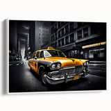 Vintage poster art of a classic car in vibrant colors on a black background, framed canvas, ideal for living room decor.