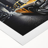 Art deco poster featuring a vintage yellow taxi, in bold black and yellow, on rolled canvas, suitable for dining room decor.