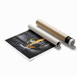 Extra large wall art featuring a vintage taxi design in muted yellow and black tones on a rolled canvas.