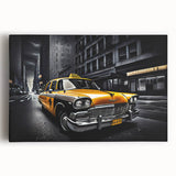 Black and white stretched canvas featuring a vintage taxi, ideal for kitchen wall art.