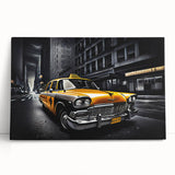 Black and white stretched canvas featuring a vintage taxi design, ideal for kitchen wall art or bedroom ambiance.