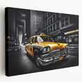 Yellow taxi depiction in bold colors on stretched canvas, ideal for kitchen wall art.