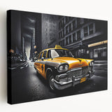 Yellow taxi depiction in bold colors on stretched canvas, ideal for kitchen wall art.