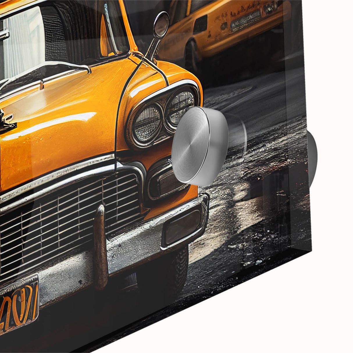 Large abstract wall art featuring a mid-century modernist car and taxi design in vibrant colors on acrylic glass.
