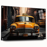 Side view of a yellow taxi acrylic print in vibrant city colors, ideal for modern dining room decor.