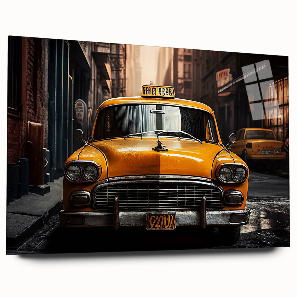 Acrylic print of a large abstract depiction of cars and taxis in muted city tones, ideal for bedroom or dining room art.