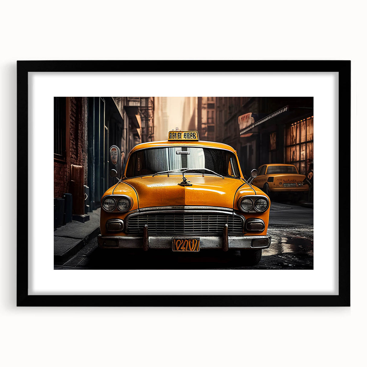Abstract art print featuring a colorful, textured depiction of a taxi, in a black frame with mat.