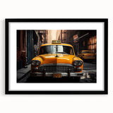 Abstract art print featuring a colorful, textured depiction of a taxi, in a black frame with mat.