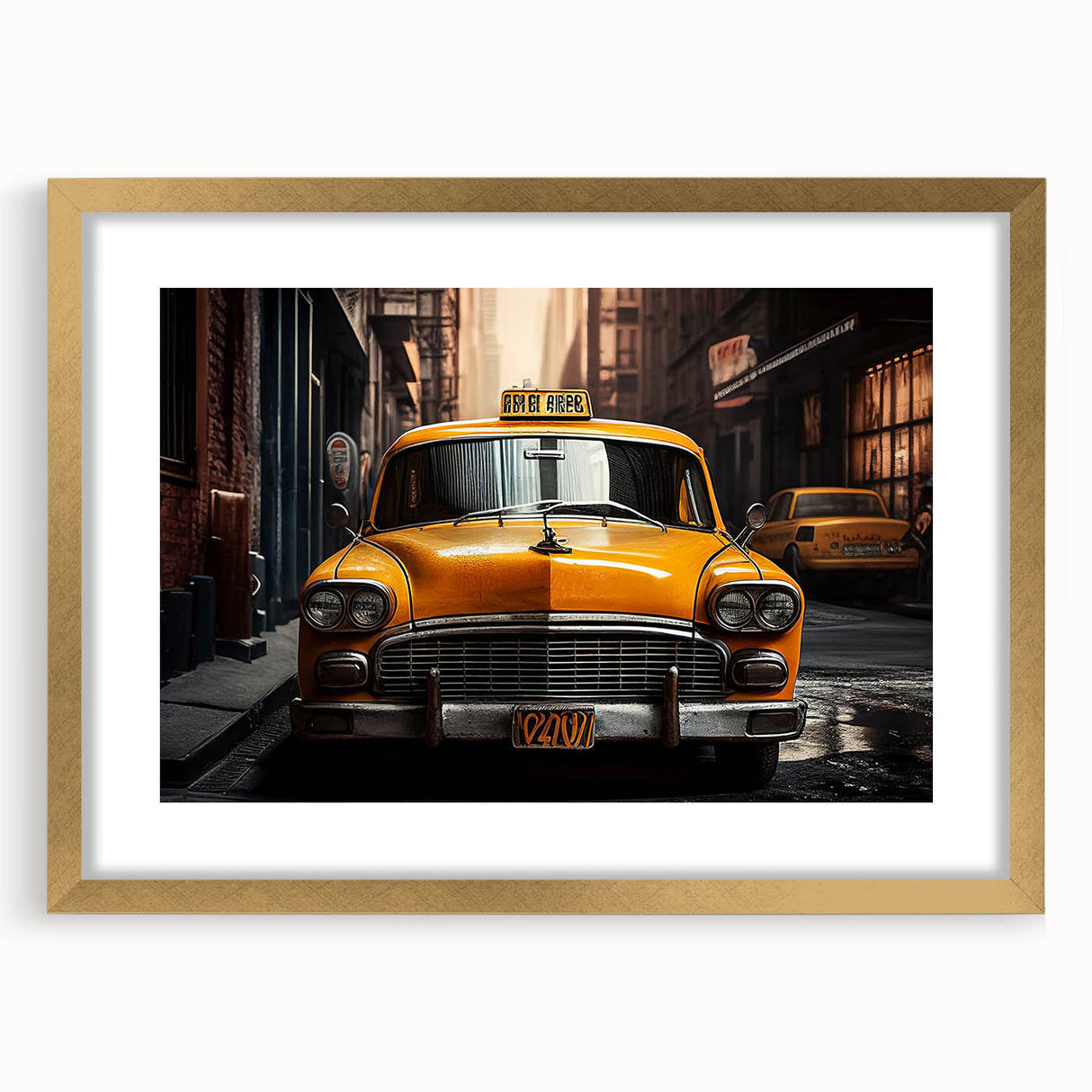 Extra large abstract art print featuring a textured depiction of a gold taxi, framed in gold, ideal for living room decor.