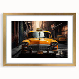 Extra large abstract art print featuring a textured depiction of a gold taxi, framed in gold, ideal for living room decor.
