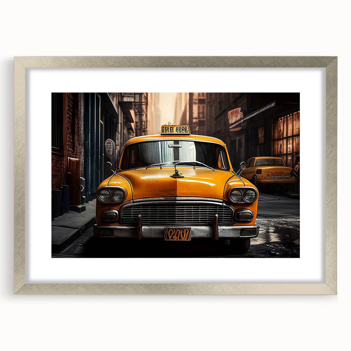 Textured abstract art print of a stylized taxi in yellow and black, framed in silver, suitable for bedroom decor.