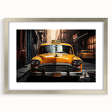 Textured abstract art print of a stylized taxi in yellow and black, framed in silver, suitable for bedroom decor.