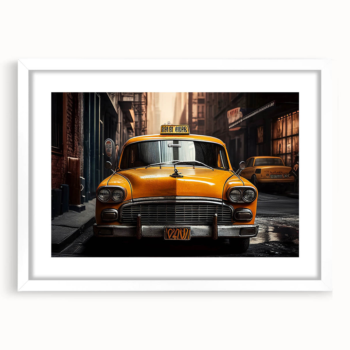 Abstract art print of colorful taxis on white background, framed with a white mat, suitable for dining room decor.
