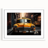 Abstract art print of colorful taxis on white background, framed with a white mat, suitable for dining room decor.