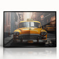 Large abstract wall art featuring a mid-century modernist taxi design in black and yellow on a framed acrylic panel.