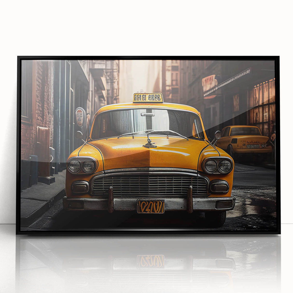 Large abstract wall art featuring a mid-century modernist taxi design in black and yellow on a framed acrylic panel.