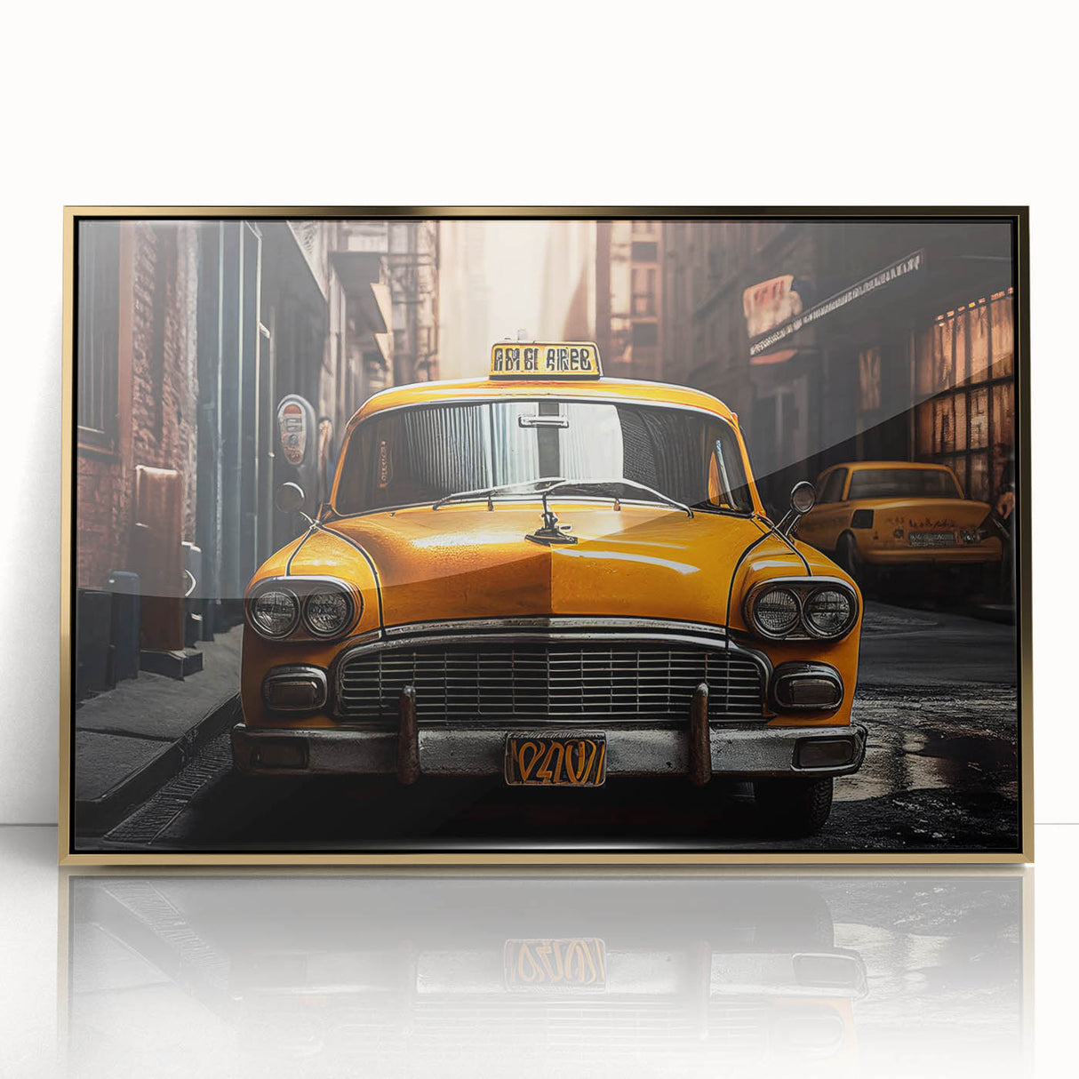 Framed acrylic print of a mid-century modernist style taxi, in vibrant yellow and black, ideal for nursery wall art.