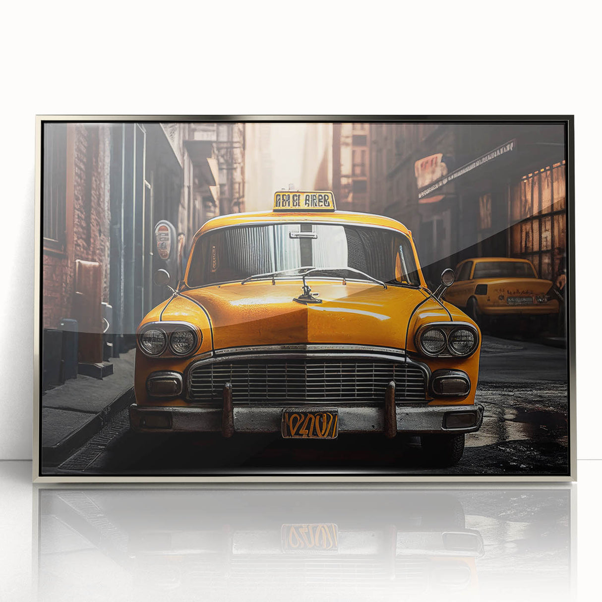 Mid-century modernist art depicting a vintage taxi in muted yellow and black tones, acrylic print in a silver frame.
