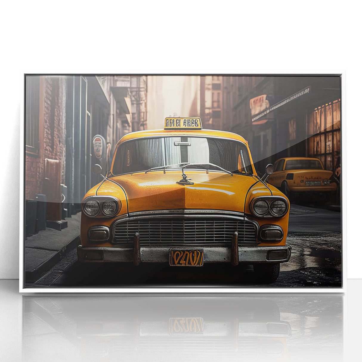 Art deco poster of a vintage taxi in bold black and yellow on a white acrylic frame, suitable for modern nursery wall decor.