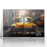 Art deco poster of a vintage taxi in bold black and yellow on a white acrylic frame, suitable for modern nursery wall decor.