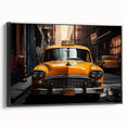 Black and white framed canvas featuring a side view of a vintage taxi, ideal for bedroom wall art in a minimalist style.