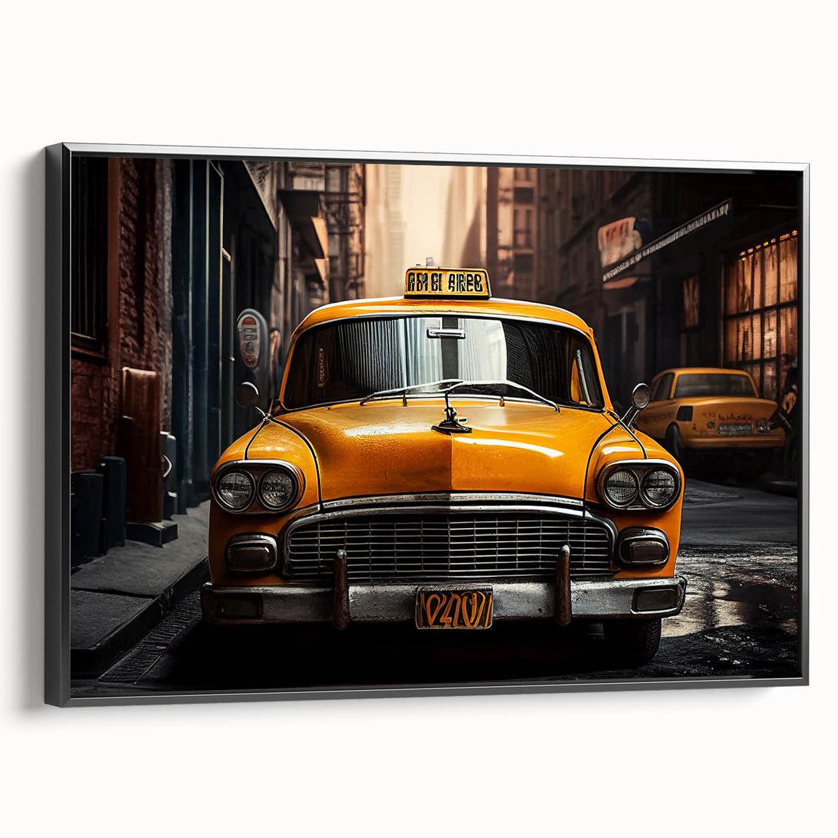 Black and white framed canvas featuring a side view of a vintage taxi, ideal for bedroom wall art in a minimalist style.