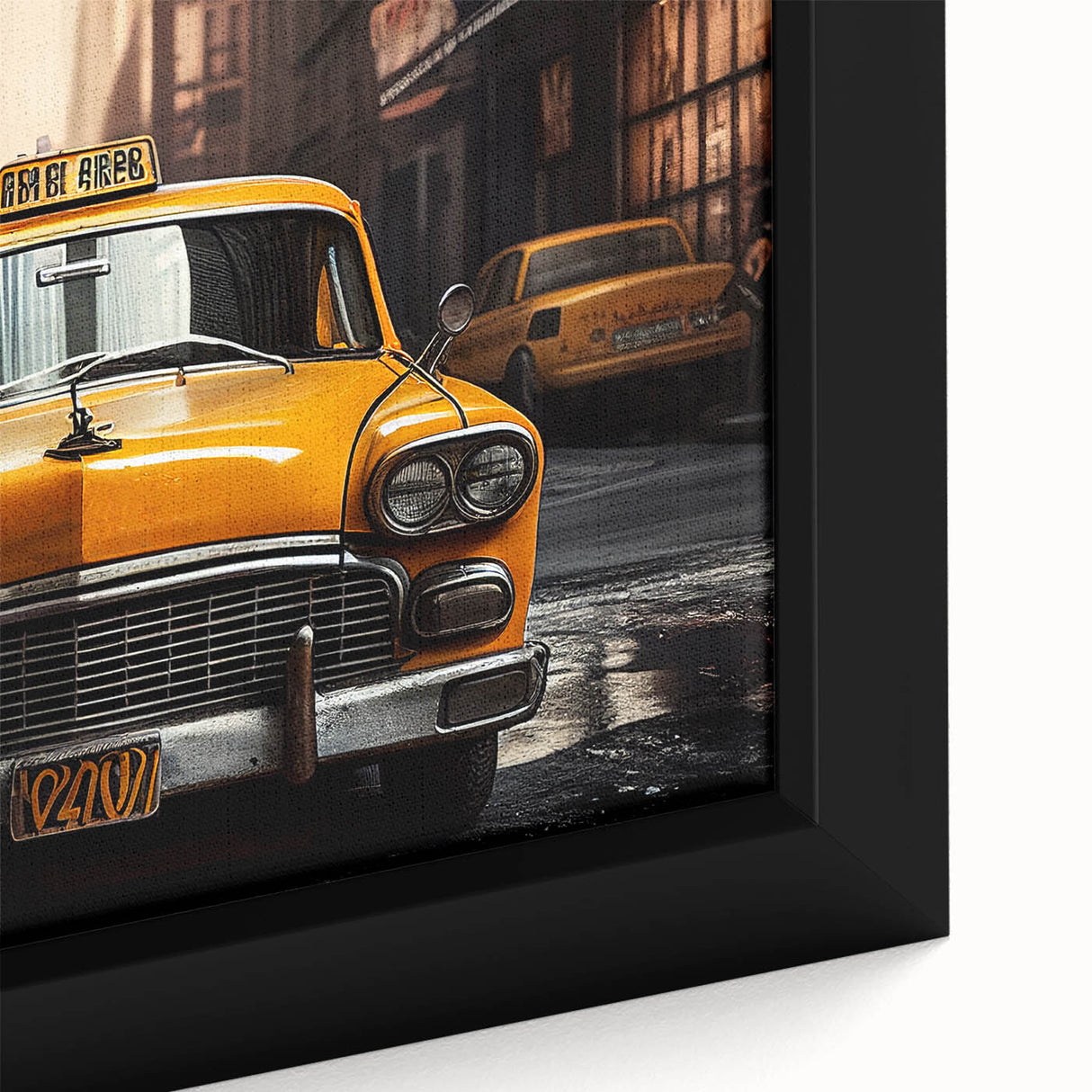Black wall art featuring a colorful, textured depiction of a taxi, printed on an extra large framed canvas.
