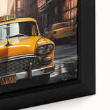 Black wall art featuring a colorful, textured depiction of a taxi, printed on an extra large framed canvas.