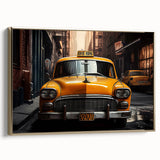Vintage poster art of a gold side-view car on a black background, framed canvas ideal for bedroom wall decor.